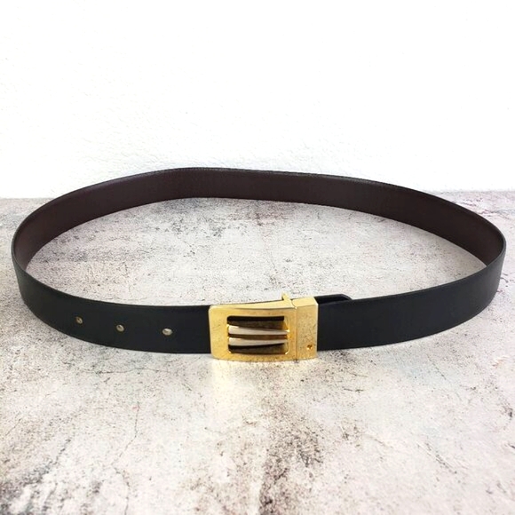 Vintage Accessories - Vintage Spain Art Deco Leather Belt Black Gold Buckle Classic Elegant Minimalist